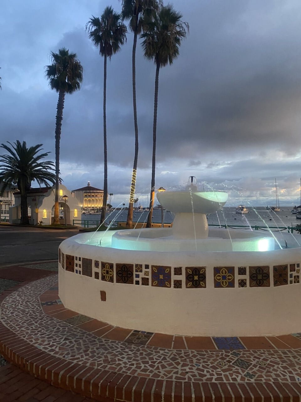Charming waterfront fountain surrounded by palm trees creates a peaceful coastal atmosphere near the marina and historic buildings.