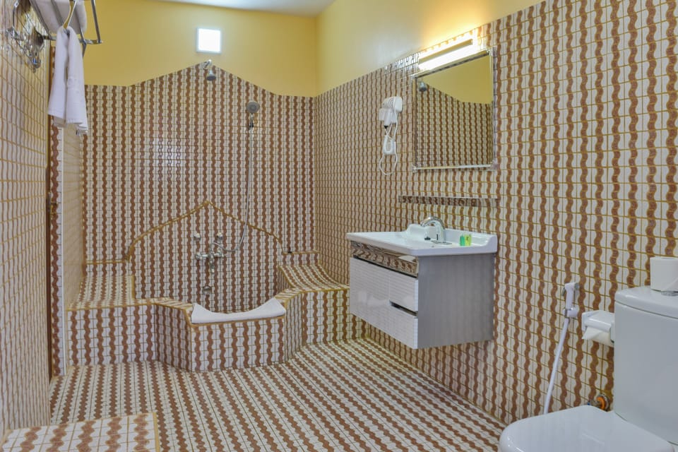 Combined shower/tub, free toiletries, hair dryer, towels