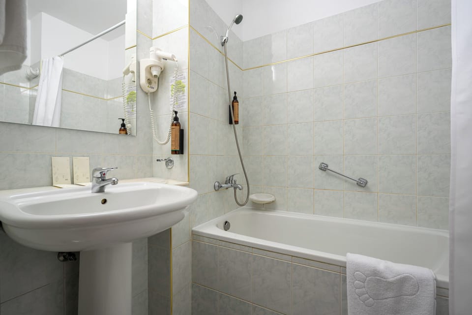 Bathtub, free toiletries, hair dryer, bathrobes