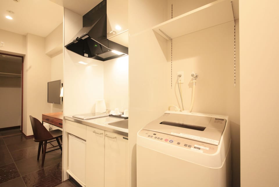 Fridge, microwave, electric kettle