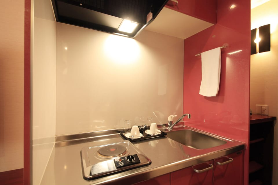 Fridge, microwave, electric kettle