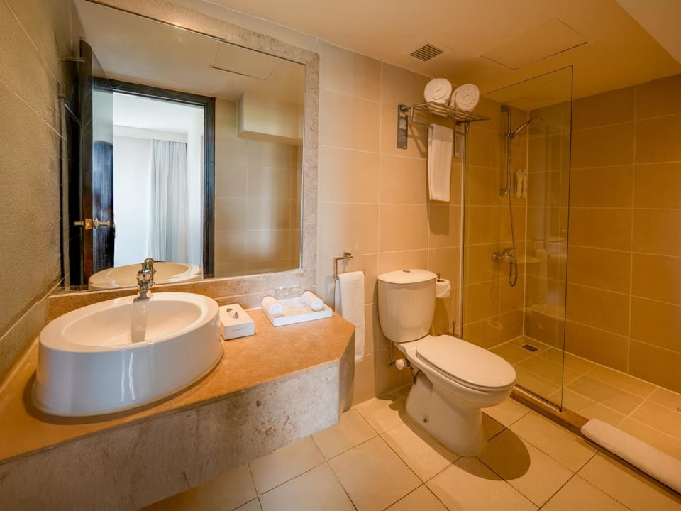 Shower, eco-friendly toiletries, hair dryer, towels