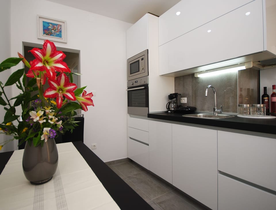 Apartment, Balcony | Private kitchen | Fridge, oven, stovetop, coffee/tea maker