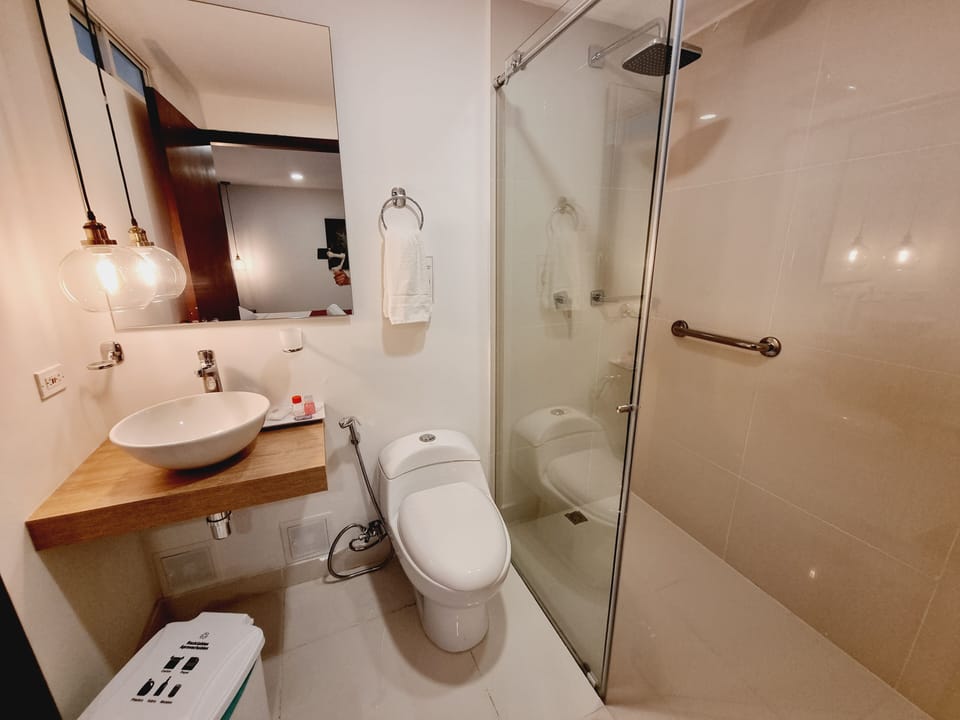 Shower, free toiletries, hair dryer, towels