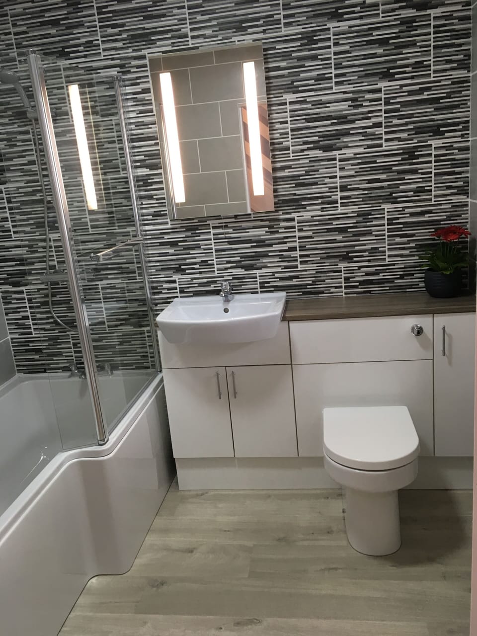 Downstairs bathroom with shower over bath