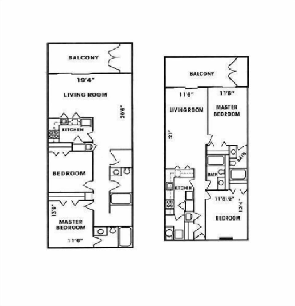 Gulf Tower floor plans. Left is all As Ds with the larger living room area. Right is all Bs and Cs with the master bedroom facing the beach with entrance to balcony.