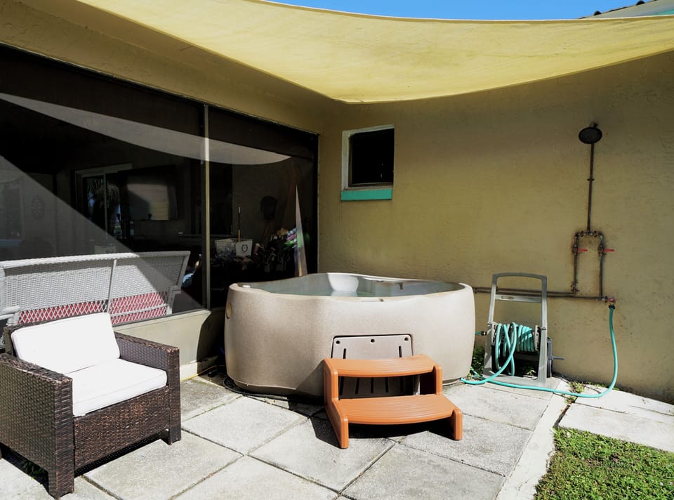Hot tub is comfortable for 2-3 people. Outdoor shower offers hot and cold water