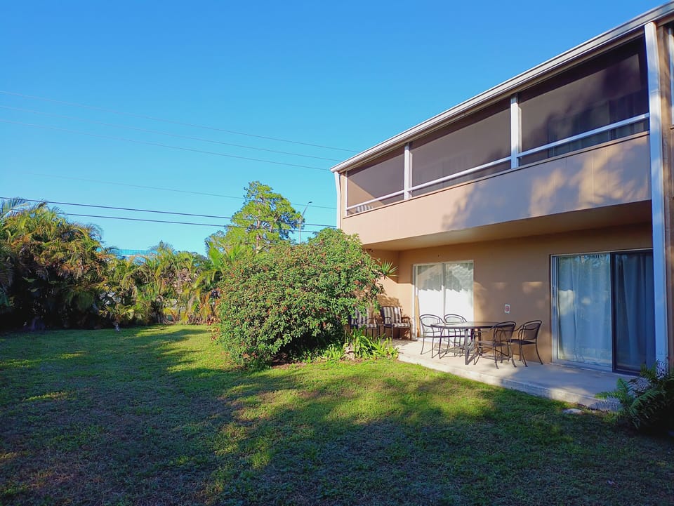 This unit is the one on the 1st floor. The outdoor patio is about 28 feet long.