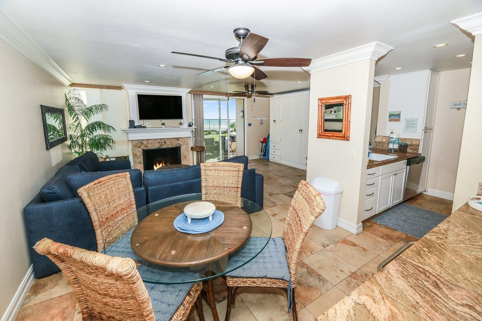 View of both dining area and living area.