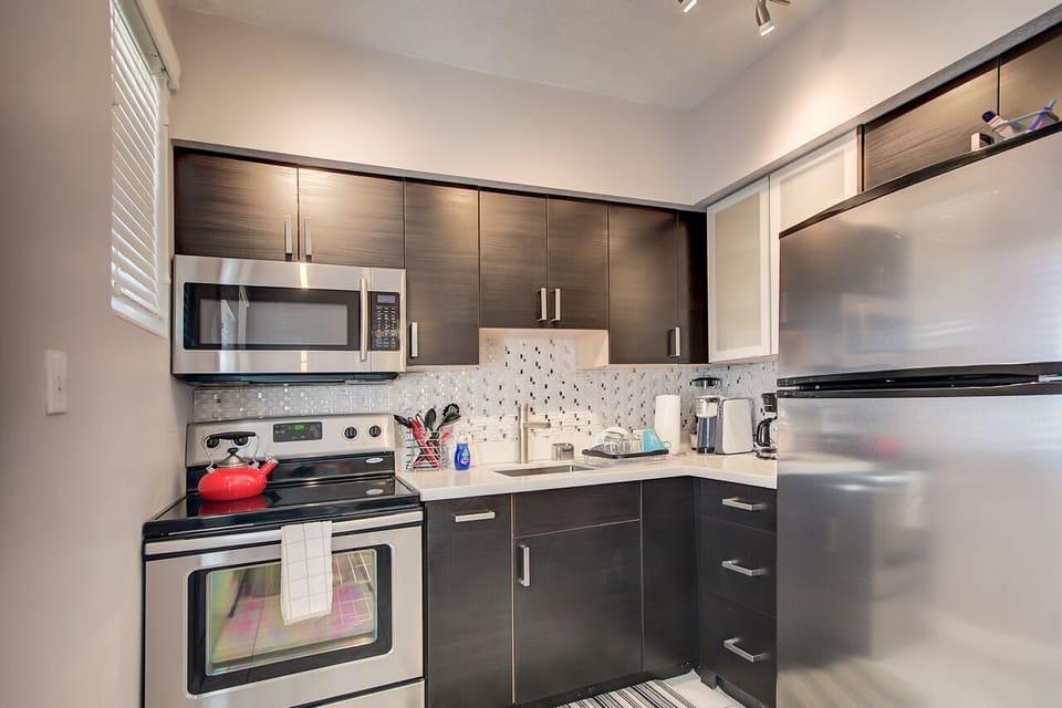 Kitchen: Features brand new stainless steel appliances including large fridge, stove, oven, microwave, coffee maker.