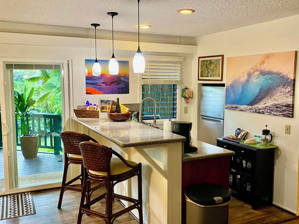 Kitchen with outdoor views. 