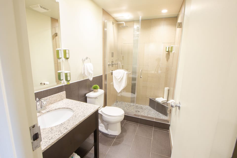 Shower, rainfall showerhead, hair dryer, towels