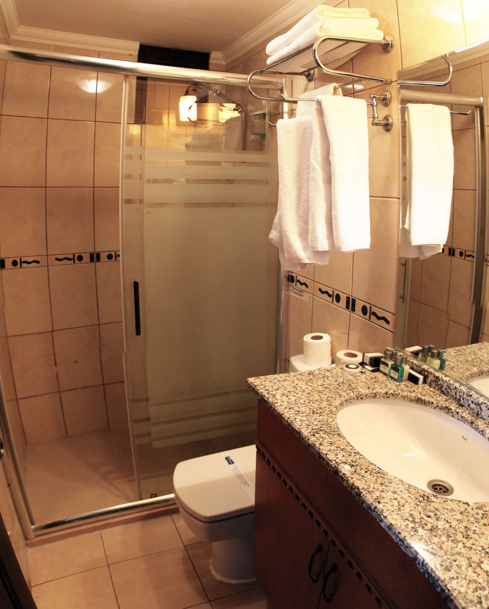 Shower, free toiletries, hair dryer, slippers