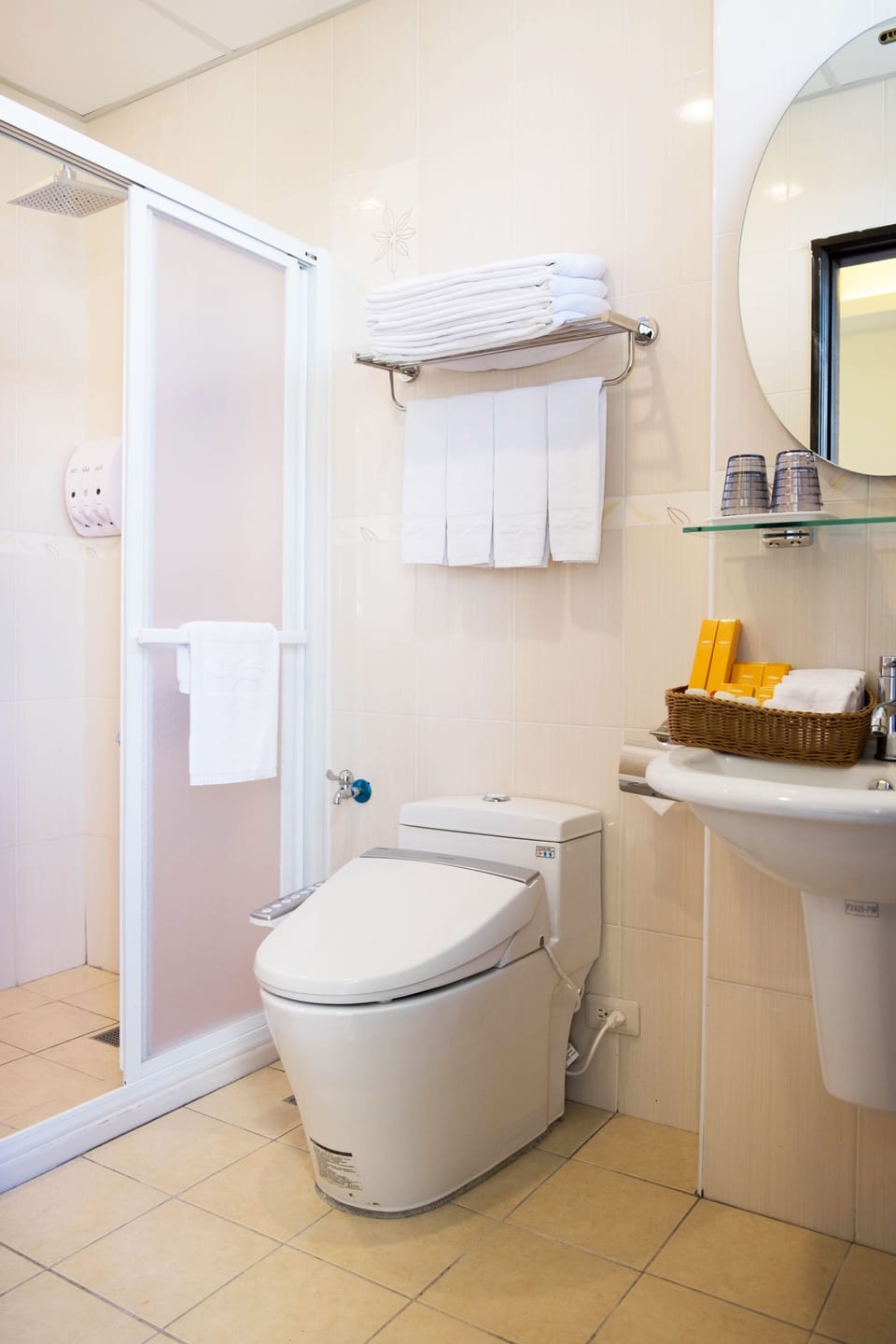 Shower, free toiletries, hair dryer, slippers