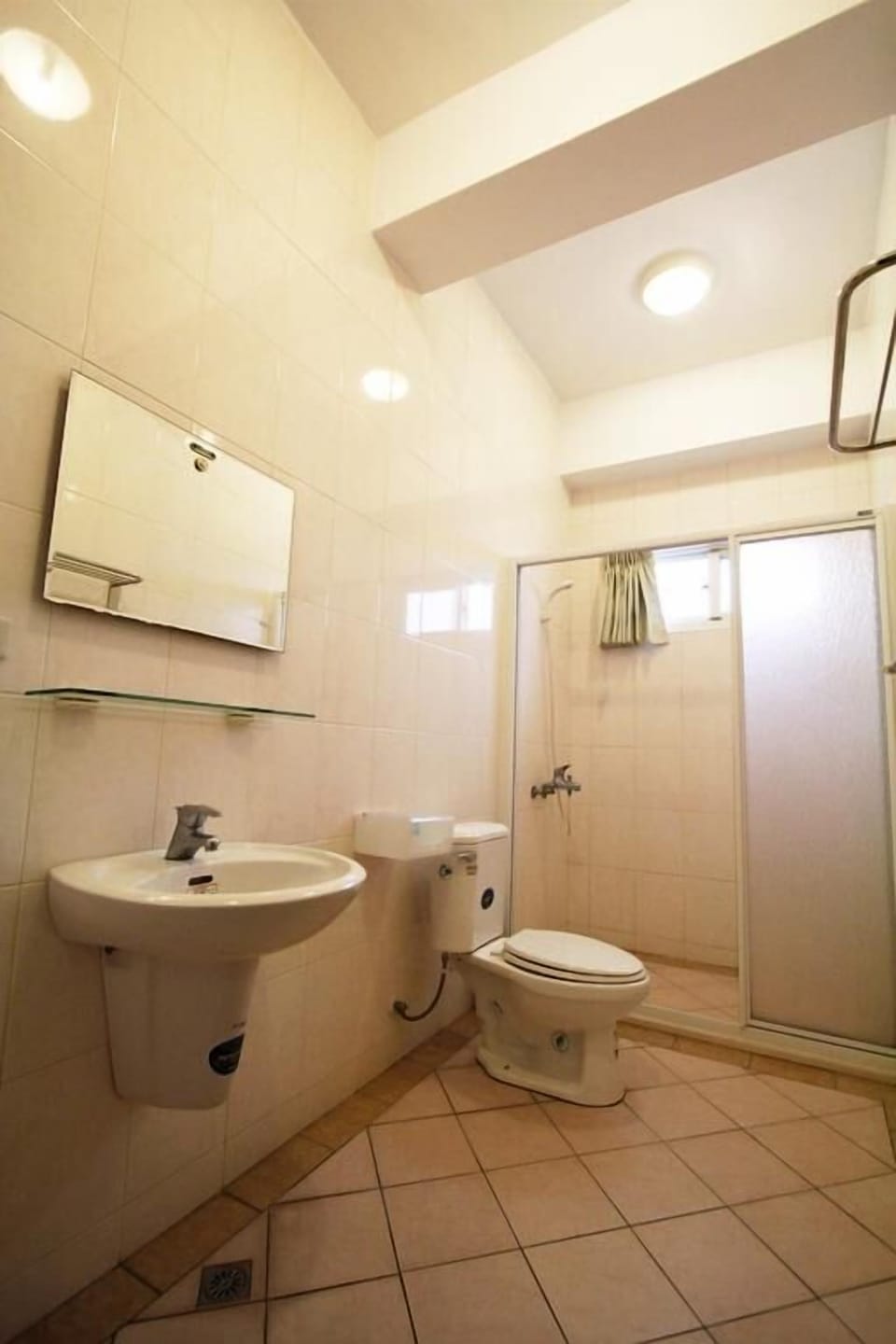 Shower, hair dryer, slippers, towels