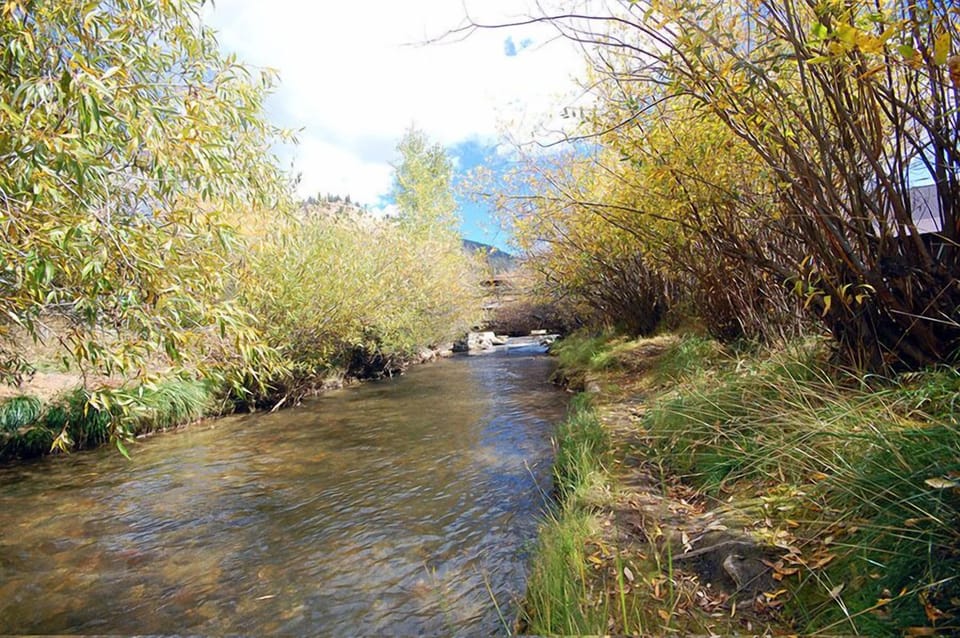 A peaceful creek winds through the property grounds, framed by golden autumn foliage and native vegetation under a clear mountain sky.