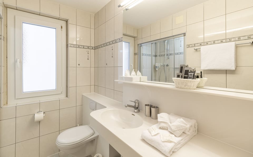 Separate tub and shower, free toiletries, hair dryer, bathrobes