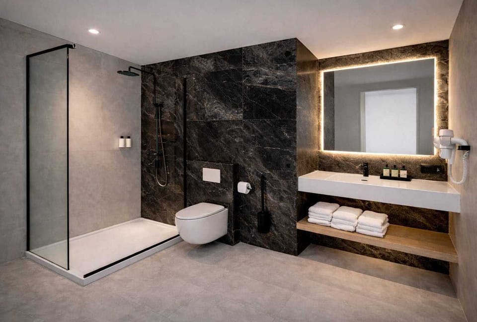 Shower, hair dryer, towels