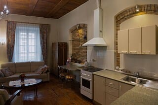 Fridge, coffee/tea maker, cookware/dishes/utensils