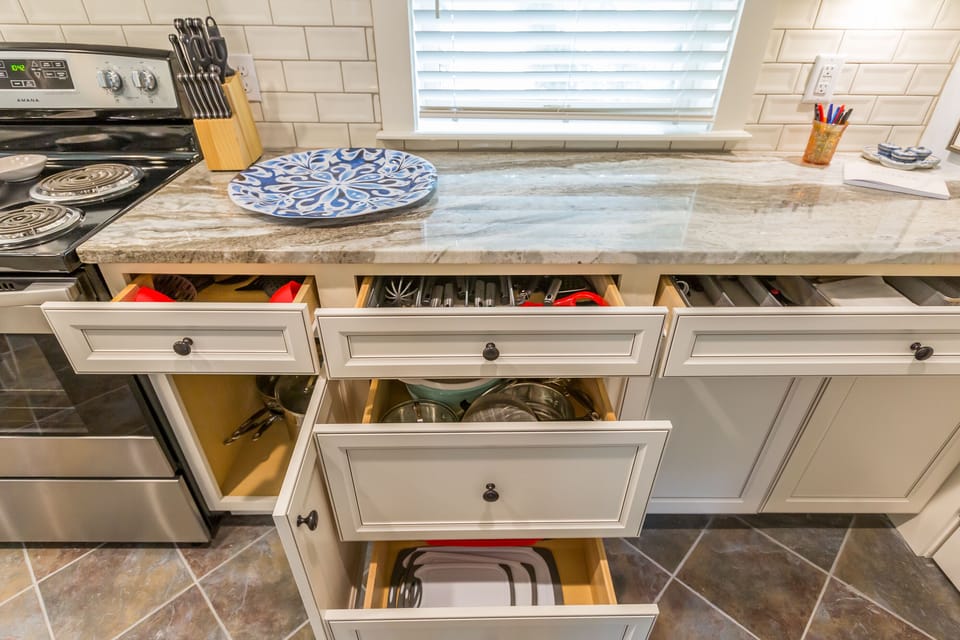 Drawers and cabinets are well stocked to make this place more like home.