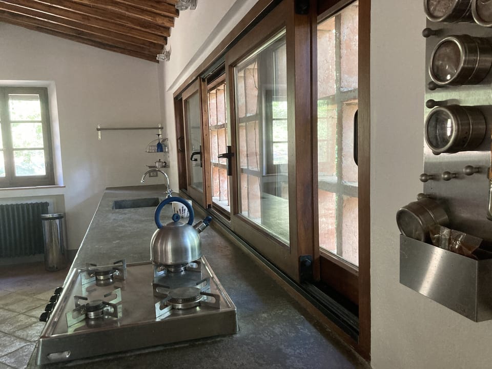 the cement table with cooking facilies and large window towards the woods