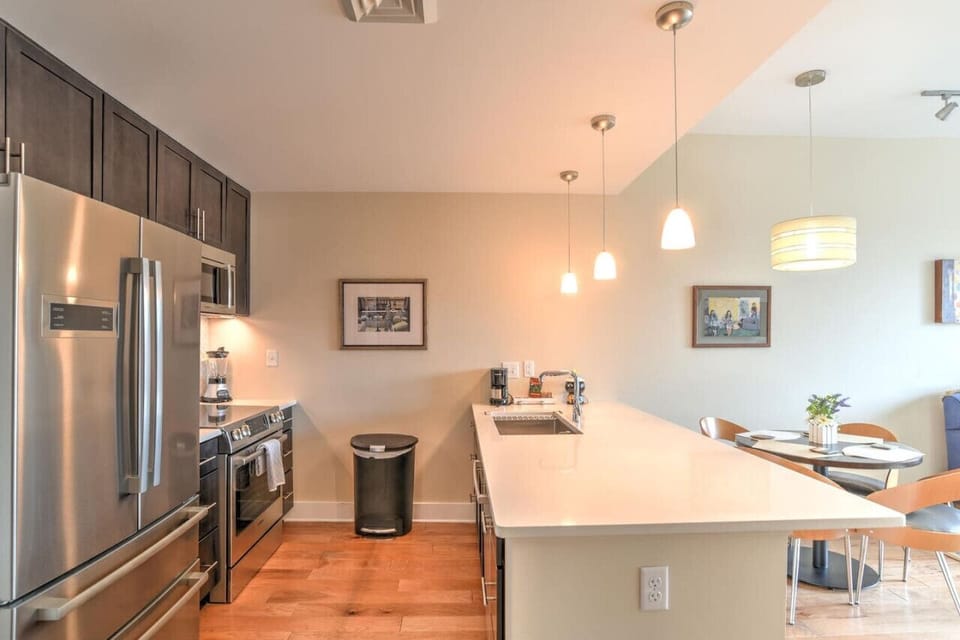 Kitchen detail: ample counter space, Bosch appliances, and all the cookware and dishware you need.