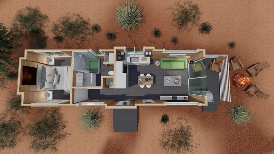 The floor plan shows you how roomy this tiny home is - 370 square feet adds up.
