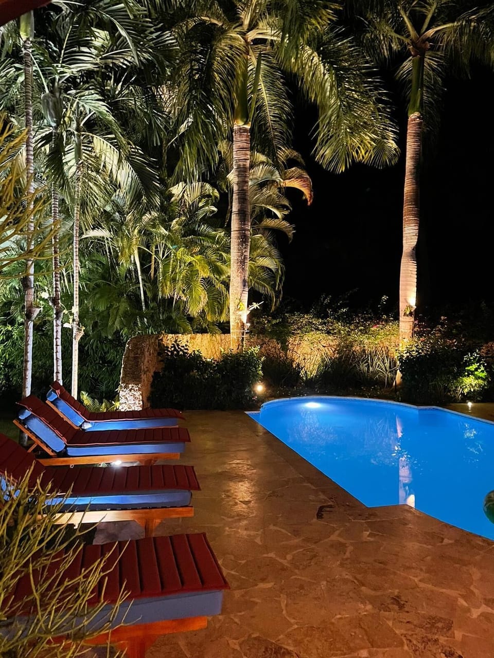 Landscape lighting at play after sunset  ask butler Alex for a poolside drink