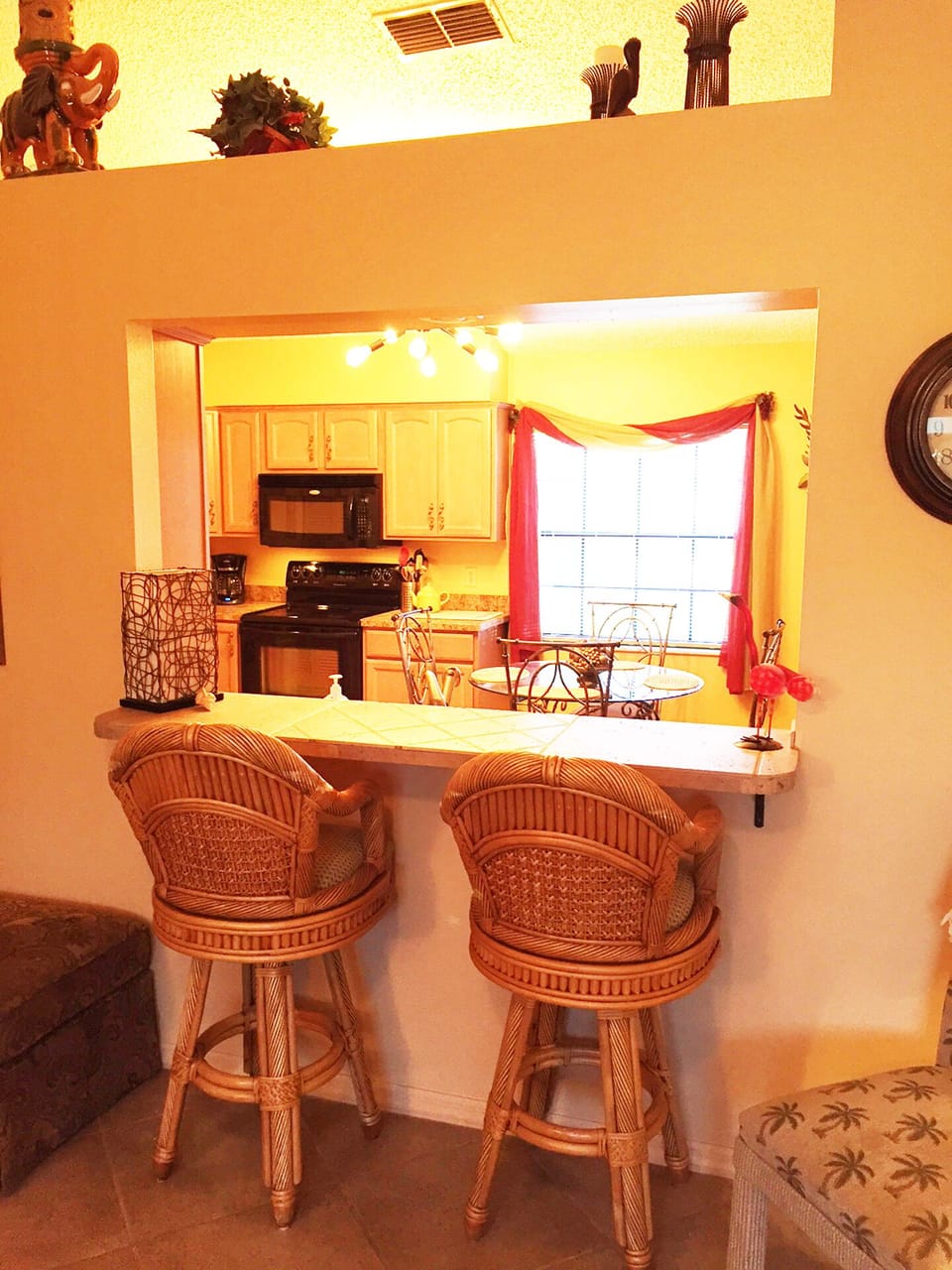 Snack bar from great room looking into kitchen.