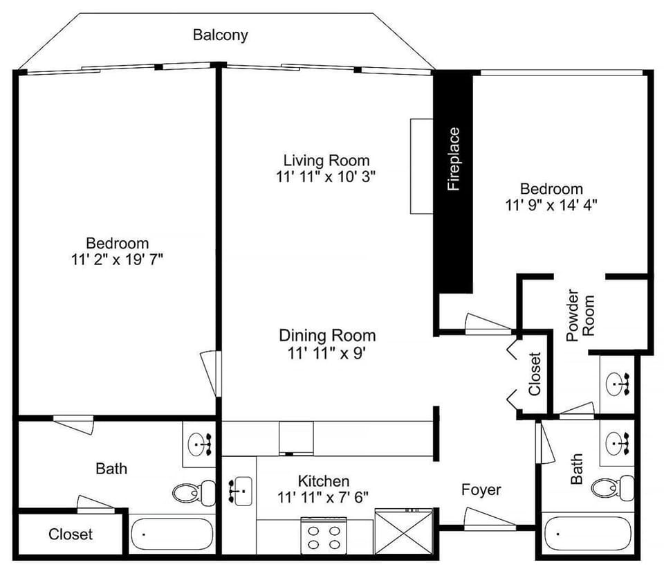 Clear floor plan showing your spacious two-bedroom mountain condo with kitchen, dining, and balcony access.