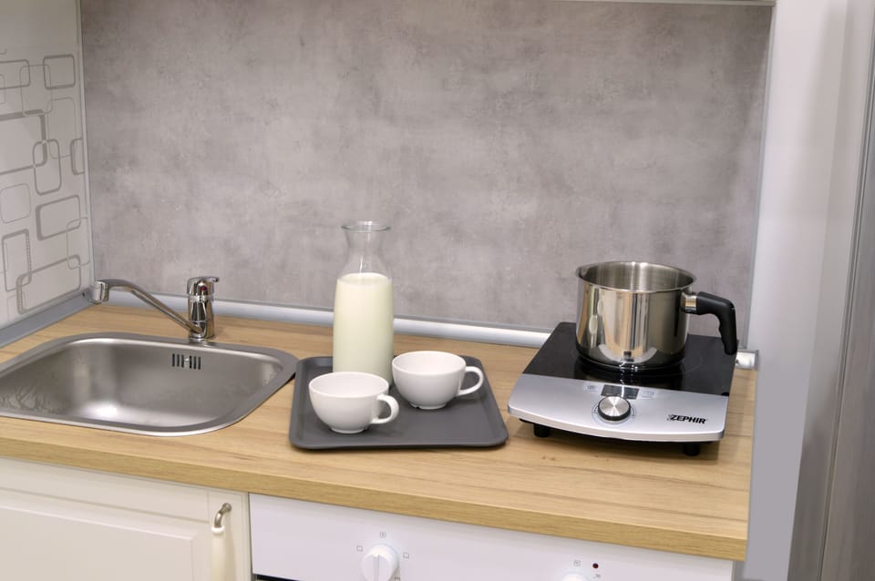Full-size fridge, microwave, oven, coffee/tea maker