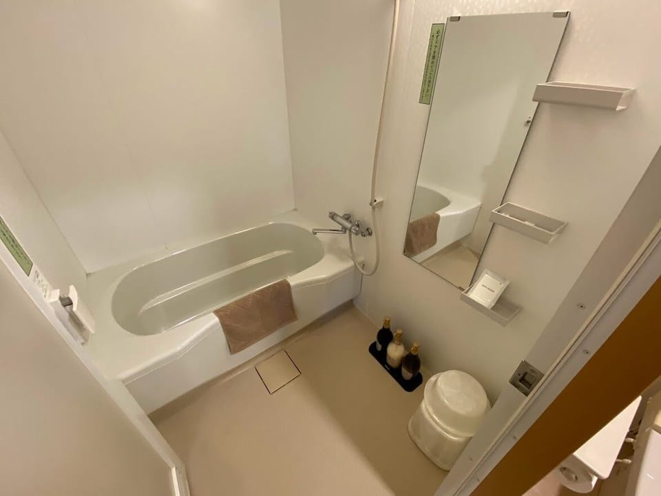 Combined shower/tub, free toiletries, hair dryer, slippers