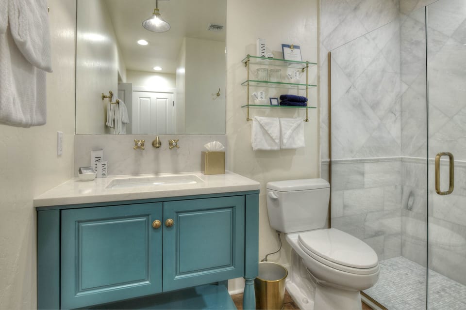 Shower, rainfall showerhead, designer toiletries, hair dryer