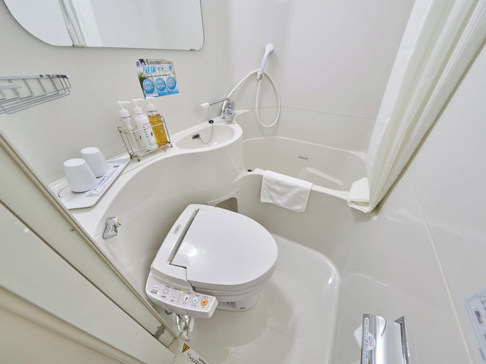 Combined shower/tub, deep soaking tub, free toiletries, hair dryer