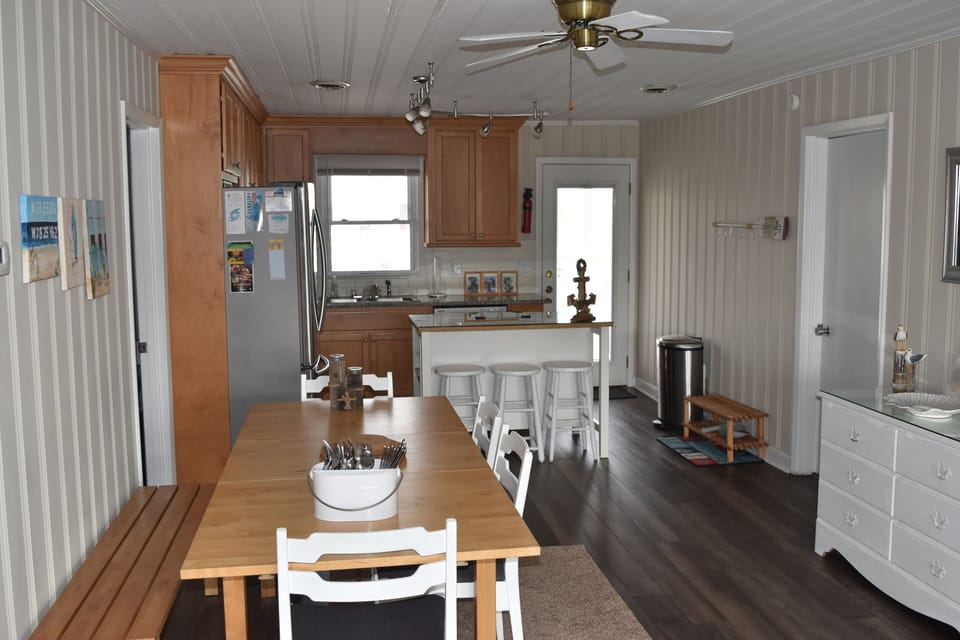 Dining area and kitchen with island