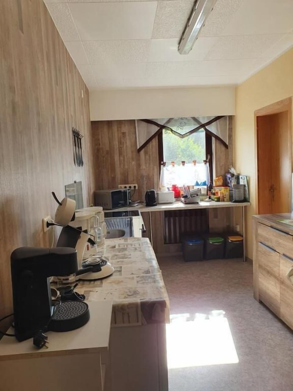 Shared fridge, microwave, coffee/tea maker