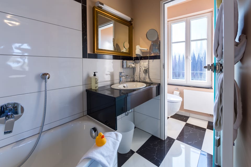 Taubertal bay window room | Bathroom | Free toiletries, hair dryer, towels