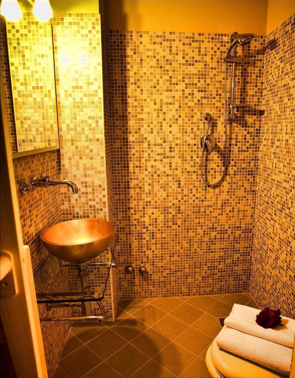 Shower, free toiletries, hair dryer, towels