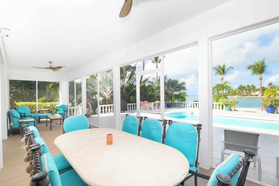 Furnished screened porch with waterfront views. 