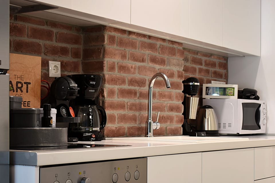 Deluxe Apartment (Gusto) | Private kitchen | Full-size fridge, microwave, oven, stovetop