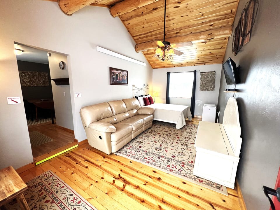 Living room with recliner couch, Full size bed and AC unit