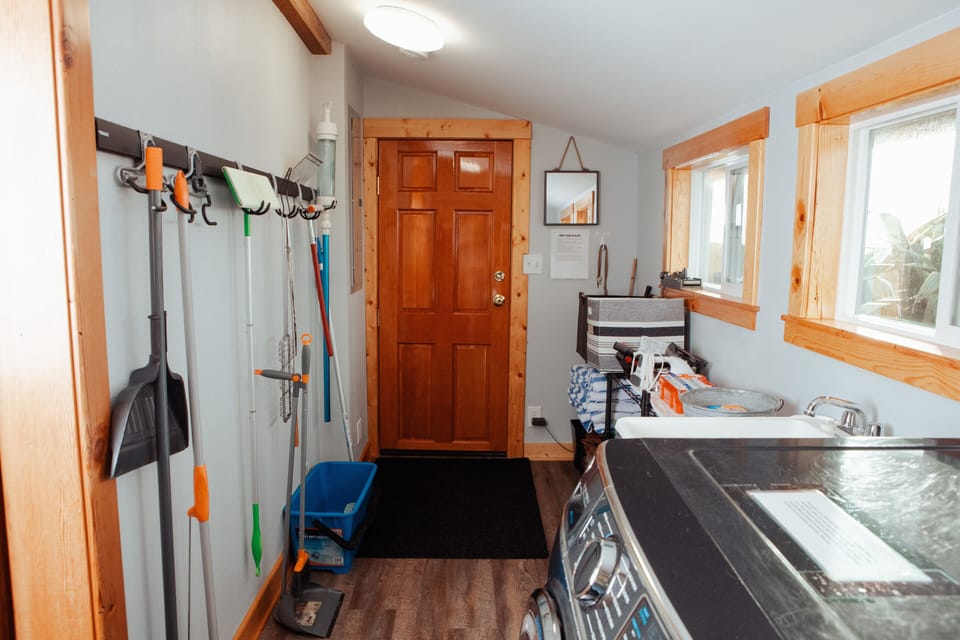 Mudroom with door to back patio and hot tub