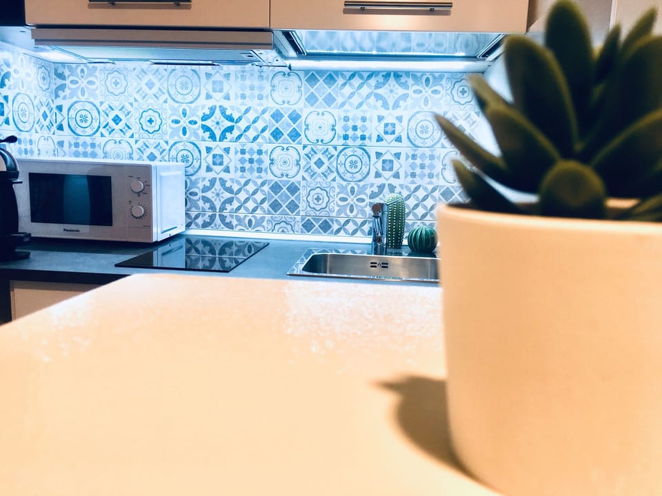 Full-size fridge, microwave, stovetop, espresso maker