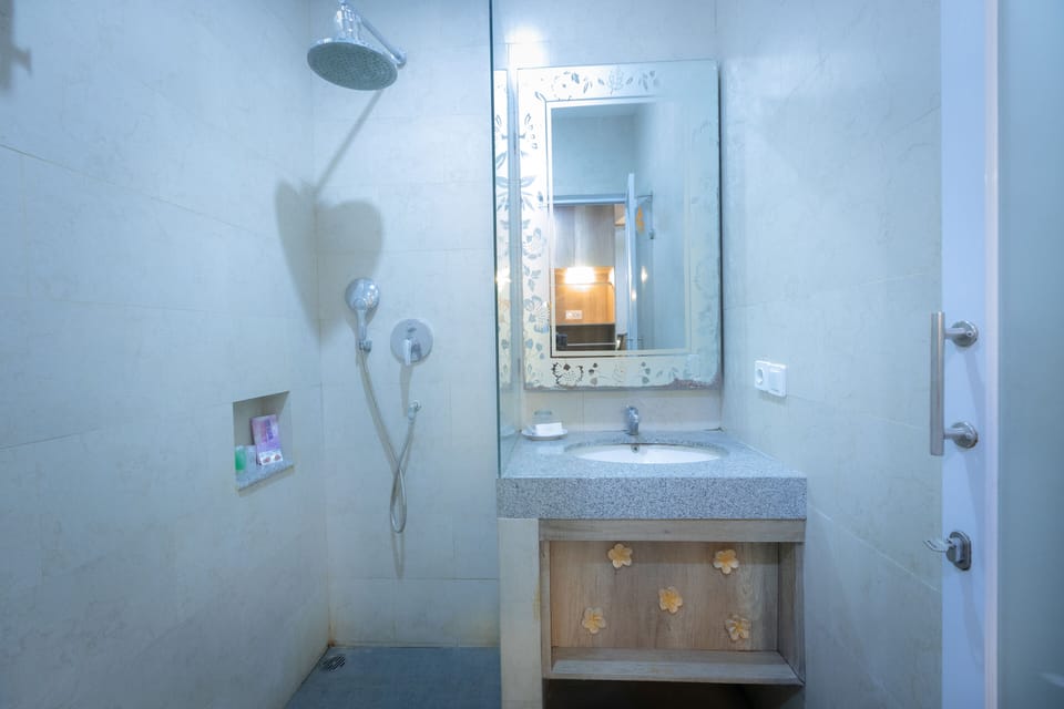 Shower, free toiletries, hair dryer, slippers