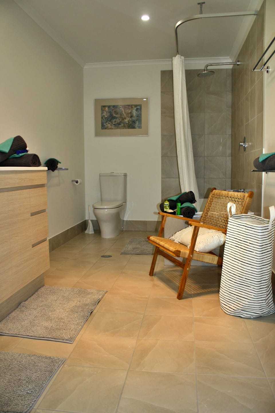 Family bathroom/toilet,  double vanity, large bath with overhead shower.