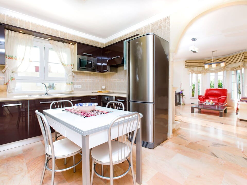 Furniture, Interior Design, Flooring, Floor, Wood, Kitchen, Ceiling, Chair, Lighting, Room