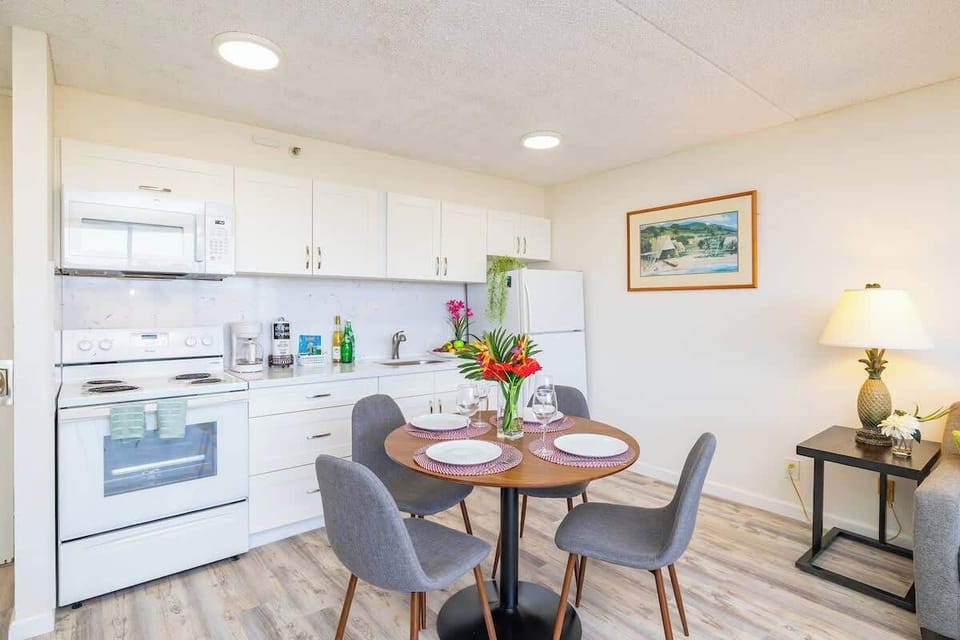 Kitchen also comes with a coffee maker, kettle, toaster, blender, and rice cooker