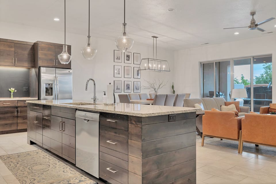 Spacious main floor living spaces with oversized kitchen island