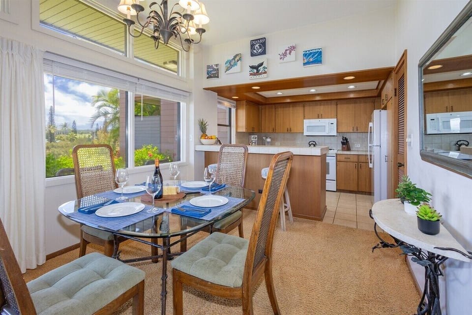 The dining table offers seating for four