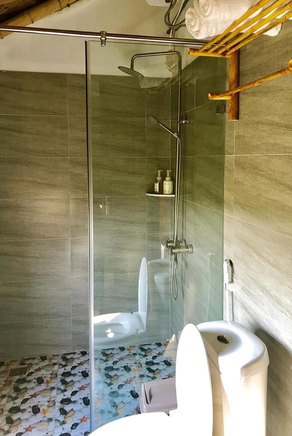 Shower, rainfall showerhead, hair dryer, bathrobes